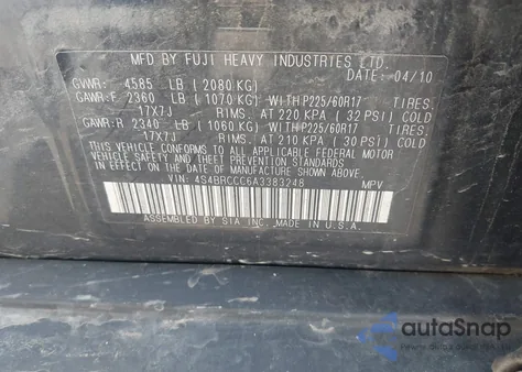 2010 Subaru Outback 2.5I Premium from USA, damaged, VIN 4S4BRCCC6A3383248
